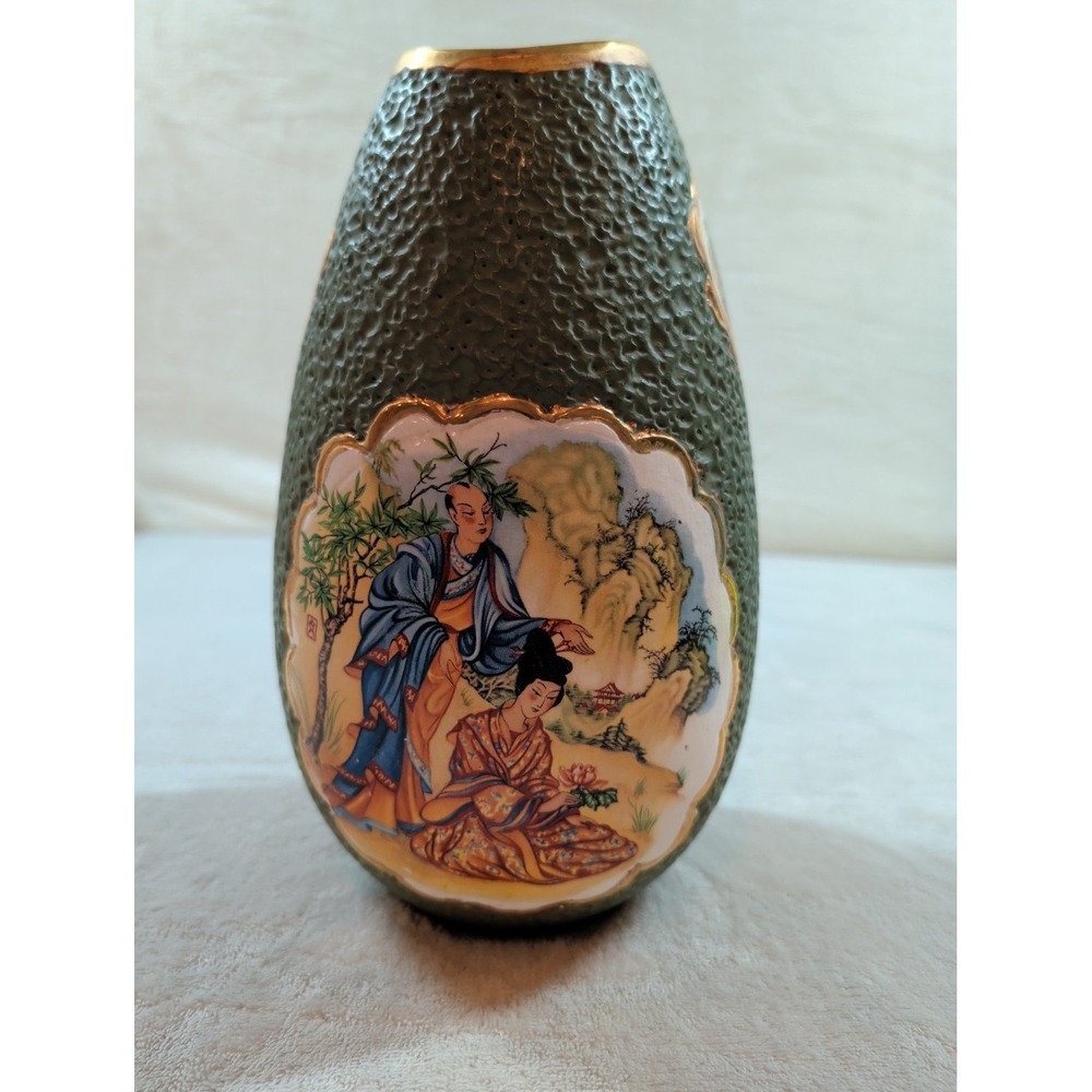 Vintage Japanese Satsuma Style Textured Green Lava Glaze Gilt Porcelain Vase - Picture 2 of 12